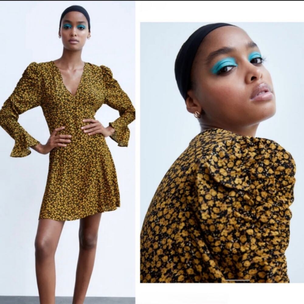 Zara Yellow Floral V-Neck Mini Dress Accent Sleeve